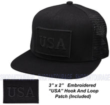 Load image into Gallery viewer, Antourage American Flag Flat Visor Constructed Mesh Snapback Hat + 2 Patriotic Patches - Black
