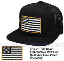 Load image into Gallery viewer, Antourage American Flag Flat Visor Constructed Mesh Snapback Hat + 2 Patriotic Patches - Black
