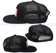 Load image into Gallery viewer, Antourage American Flag Flat Visor Constructed Mesh Snapback Hat + 2 Patriotic Patches - Black
