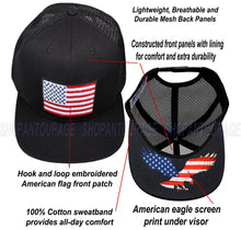 Load image into Gallery viewer, Antourage American Flag Flat Visor Constructed Mesh Snapback Hat + 2 Patriotic Patches + 2 Patriotic Patches - Wholesale: Black - 10 Units ($8.00 Ea.)
