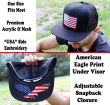 Load image into Gallery viewer, Antourage American Flag Flat Visor Constructed Mesh Snapback Hat + 2 Patriotic Patches + 2 Patriotic Patches - Wholesale: Black - 10 Units ($8.00 Ea.)
