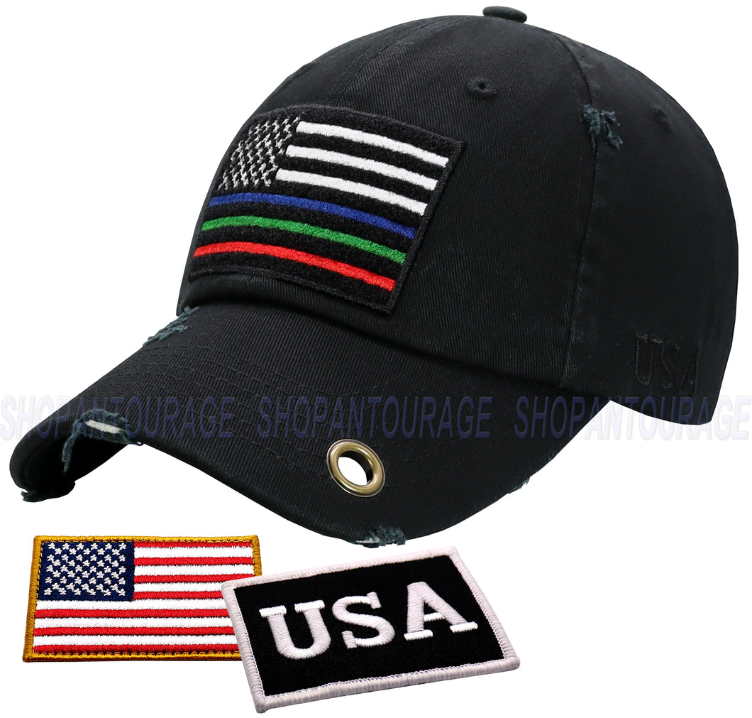 Antourage American Flag Hat for Men and Women | Vintage Baseball Tactical Hat Cap with USA Flag + 2 Patriotic Patches - Black with Multicolor Flag and Brass Keyhole