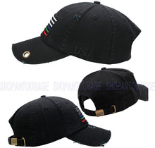 Load image into Gallery viewer, Antourage American Flag Hat for Men and Women | Vintage Baseball Tactical Hat Cap with USA Flag + 2 Patriotic Patches - Black with Multicolor Flag and Brass Keyhole
