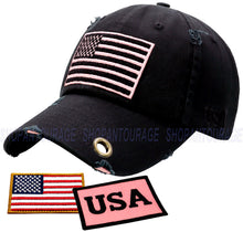 Load image into Gallery viewer, Antourage American Flag Hat for Men and Women | Vintage Baseball Tactical Hat Cap with USA Flag + 2 Patriotic Patches - Black with Pink Flag and Brass Keyhole

