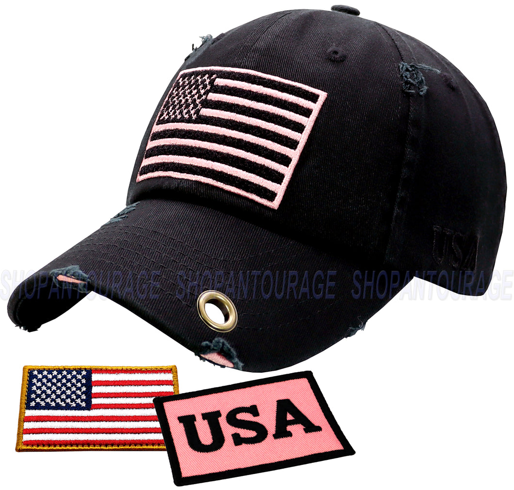Antourage American Flag Hat for Men and Women | Vintage Baseball Tactical Hat Cap with USA Flag + 2 Patriotic Patches - Black with Pink Flag and Brass Keyhole