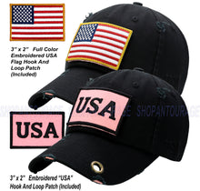 Load image into Gallery viewer, Antourage American Flag Hat for Men and Women | Vintage Baseball Tactical Hat Cap with USA Flag + 2 Patriotic Patches - Black with Pink Flag and Brass Keyhole
