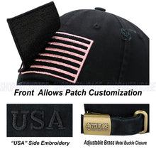 Load image into Gallery viewer, Antourage American Flag Hat for Men and Women | Vintage Baseball Tactical Hat Cap with USA Flag + 2 Patriotic Patches - Black with Pink Flag and Brass Keyhole
