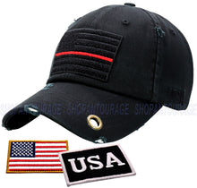Load image into Gallery viewer, Antourage American Flag Hat for Men and Women | Vintage Baseball Tactical Hat Cap with USA Flag + 2 Patriotic Patches - Black with Thin Red Line and Brass Keyhole
