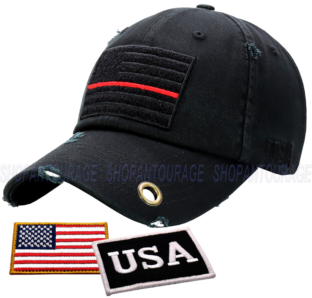 Antourage American Flag Hat for Men and Women | Vintage Baseball Tactical Hat Cap with USA Flag + 2 Patriotic Patches - Black with Thin Red Line and Brass Keyhole
