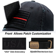 Load image into Gallery viewer, Antourage American Flag Hat for Men and Women | Vintage Baseball Tactical Hat Cap with USA Flag + 2 Patriotic Patches - Black with Thin Red Line and Brass Keyhole
