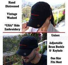 Load image into Gallery viewer, Antourage American Flag Hat for Men and Women | Vintage Baseball Tactical Hat Cap with USA Flag + 2 Patriotic Patches - Black with Thin Red Line and Brass Keyhole
