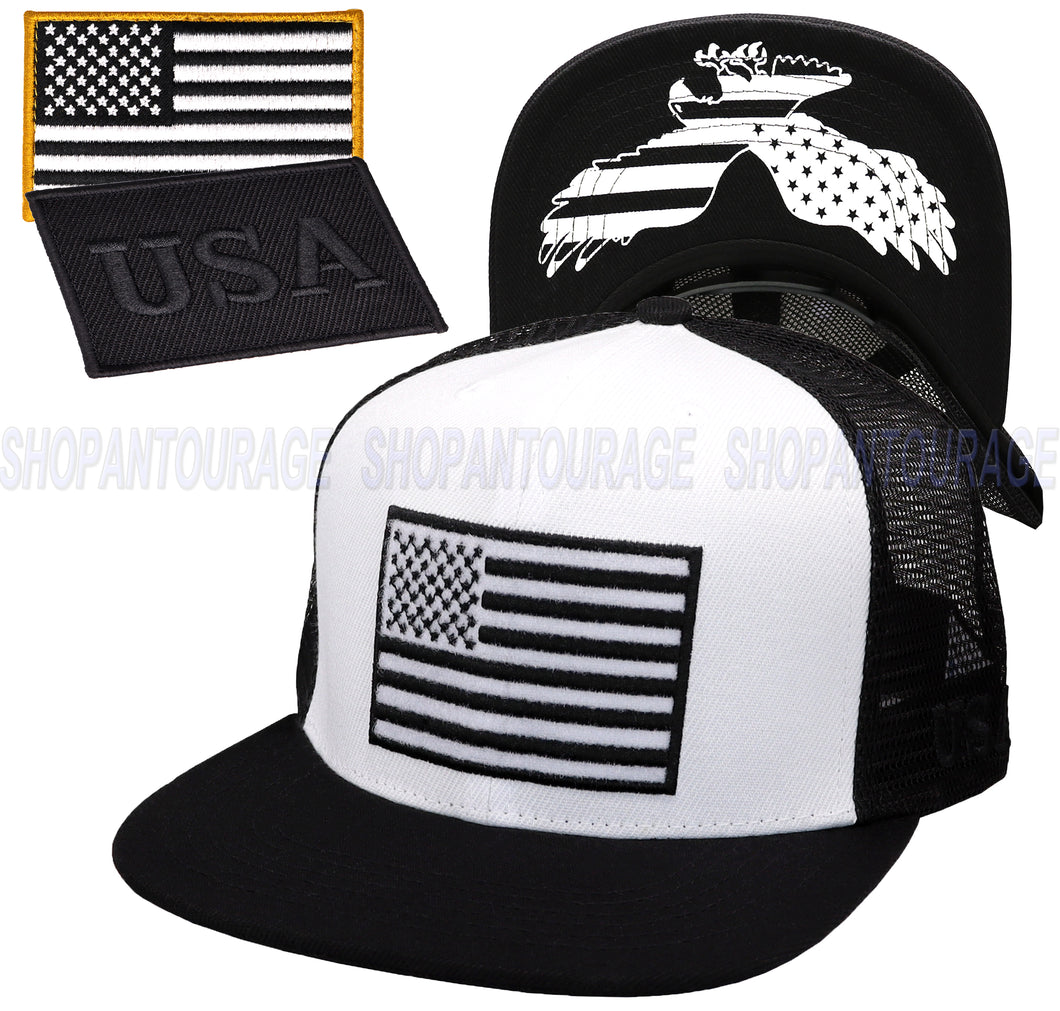 Antourage American Flag Flat Visor Constructed Mesh Snapback Hat + 2 Patriotic Patches - 2-Tone: White/Black