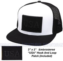 Load image into Gallery viewer, Antourage American Flag Flat Visor Constructed Mesh Snapback Hat + 2 Patriotic Patches - 2-Tone: White/Black
