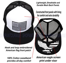 Load image into Gallery viewer, Antourage American Flag Flat Visor Constructed Mesh Snapback Hat + 2 Patriotic Patches - 2-Tone: White/Black
