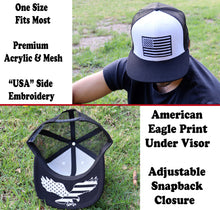 Load image into Gallery viewer, Antourage American Flag Flat Visor Constructed Mesh Snapback Hat + 2 Patriotic Patches - 2-Tone: White/Black
