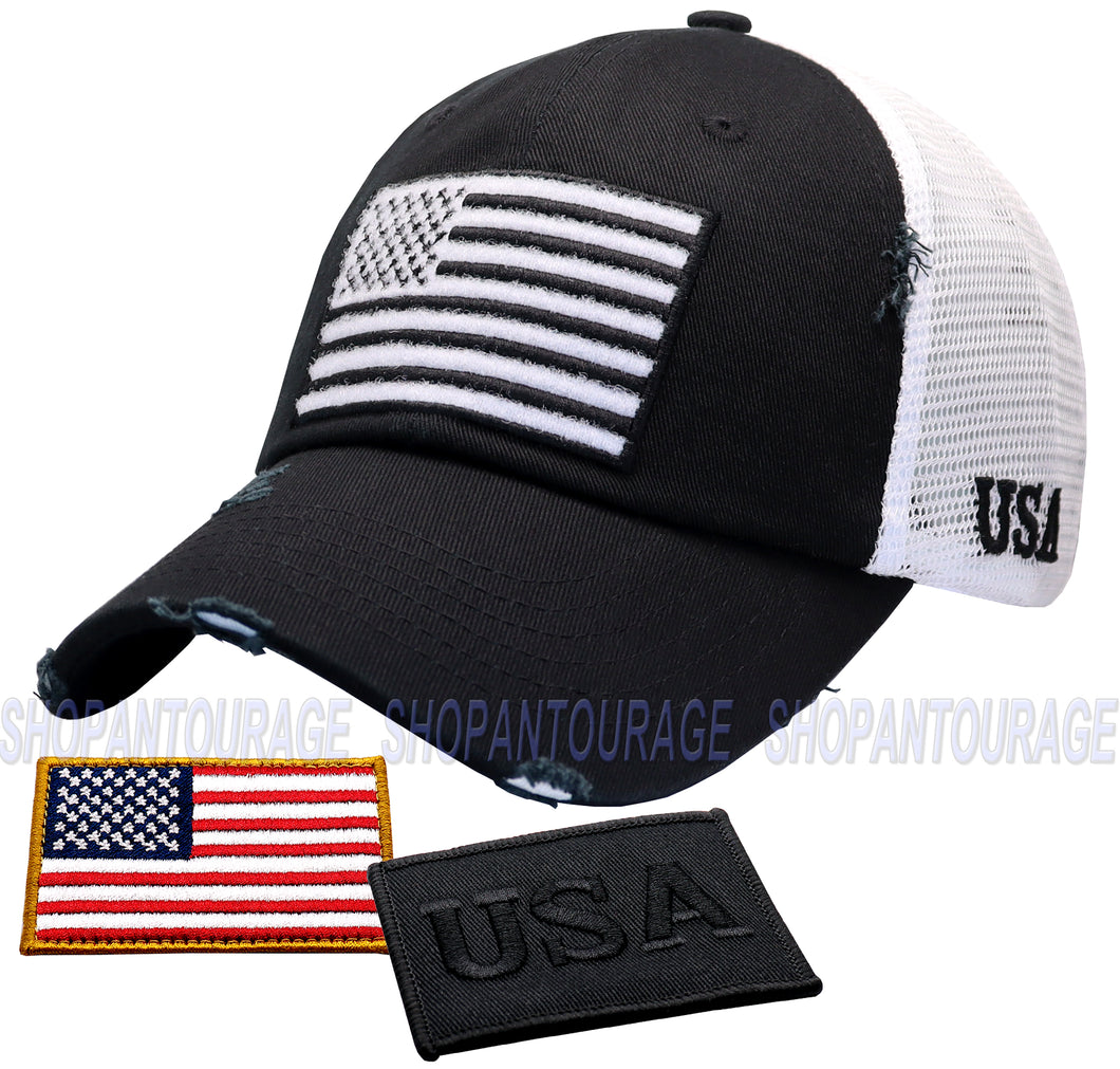 Antourage American Flag Mesh Snapback Unconstructed Unisex Trucker Hat + 2 Patriotic Patches - Black/White