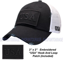 Load image into Gallery viewer, Antourage American Flag Mesh Snapback Unconstructed Unisex Trucker Hat + 2 Patriotic Patches - Black/White
