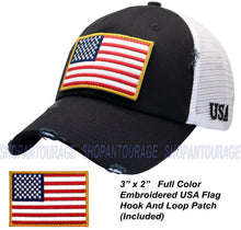 Load image into Gallery viewer, Antourage American Flag Mesh Snapback Unconstructed Unisex Trucker Hat + 2 Patriotic Patches - Black/White
