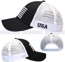 Load image into Gallery viewer, Antourage American Flag Distressed Mesh Collection Hat - Wholesale: Black/White - 10 Units ($7.00 Ea.)
