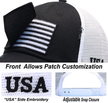 Load image into Gallery viewer, Antourage American Flag Mesh Snapback Unconstructed Unisex Trucker Hat + 2 Patriotic Patches - Black/White
