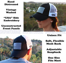 Load image into Gallery viewer, Antourage American Flag Mesh Snapback Unconstructed Unisex Trucker Hat + 2 Patriotic Patches - Black/White
