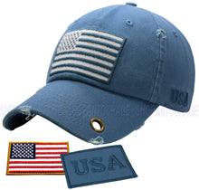 Load image into Gallery viewer, Antourage American Flag Hat for Men and Women | Vintage Baseball Tactical Hat Cap with USA Flag + 2 Patriotic Patches - Blue with Brass Keyhole
