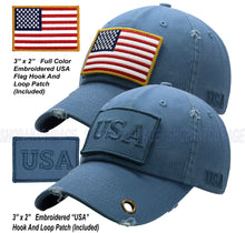 Load image into Gallery viewer, Antourage American Flag Hat for Men and Women | Vintage Baseball Tactical Hat Cap with USA Flag + 2 Patriotic Patches - Blue with Brass Keyhole
