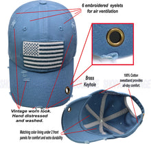 Load image into Gallery viewer, Antourage American Flag Hat for Men and Women | Vintage Baseball Tactical Hat Cap with USA Flag + 2 Patriotic Patches - Blue with Brass Keyhole
