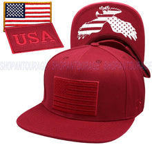 Load image into Gallery viewer, Antourage American Flag Flat Visor Constructed Snapback Hat + 2 Patriotic Patches - Burgundy
