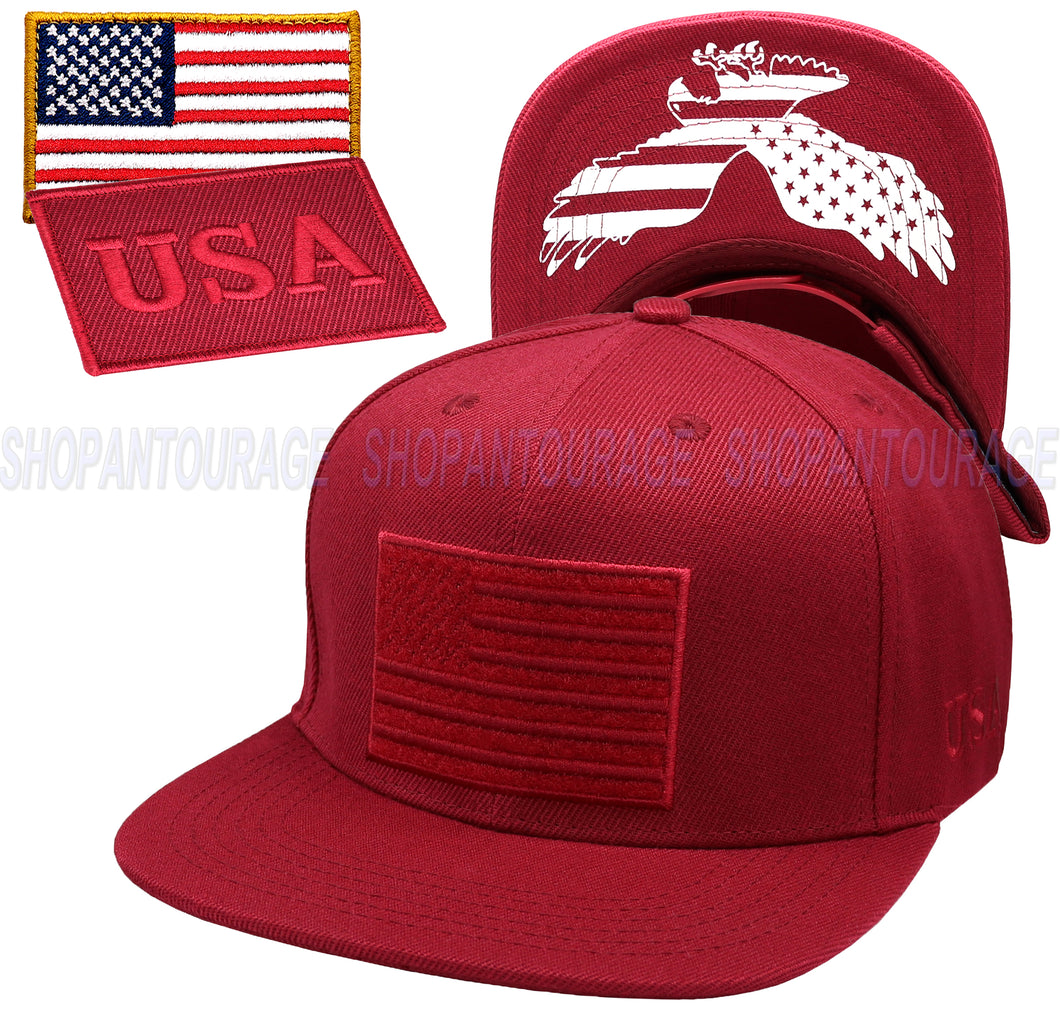 Antourage American Flag Flat Visor Constructed Snapback Hat + 2 Patriotic Patches - Wholesale: Burgundy - 10 Units ($8.00 Ea.)