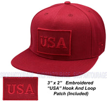 Load image into Gallery viewer, Antourage American Flag Flat Visor Constructed Snapback Hat + 2 Patriotic Patches - Burgundy
