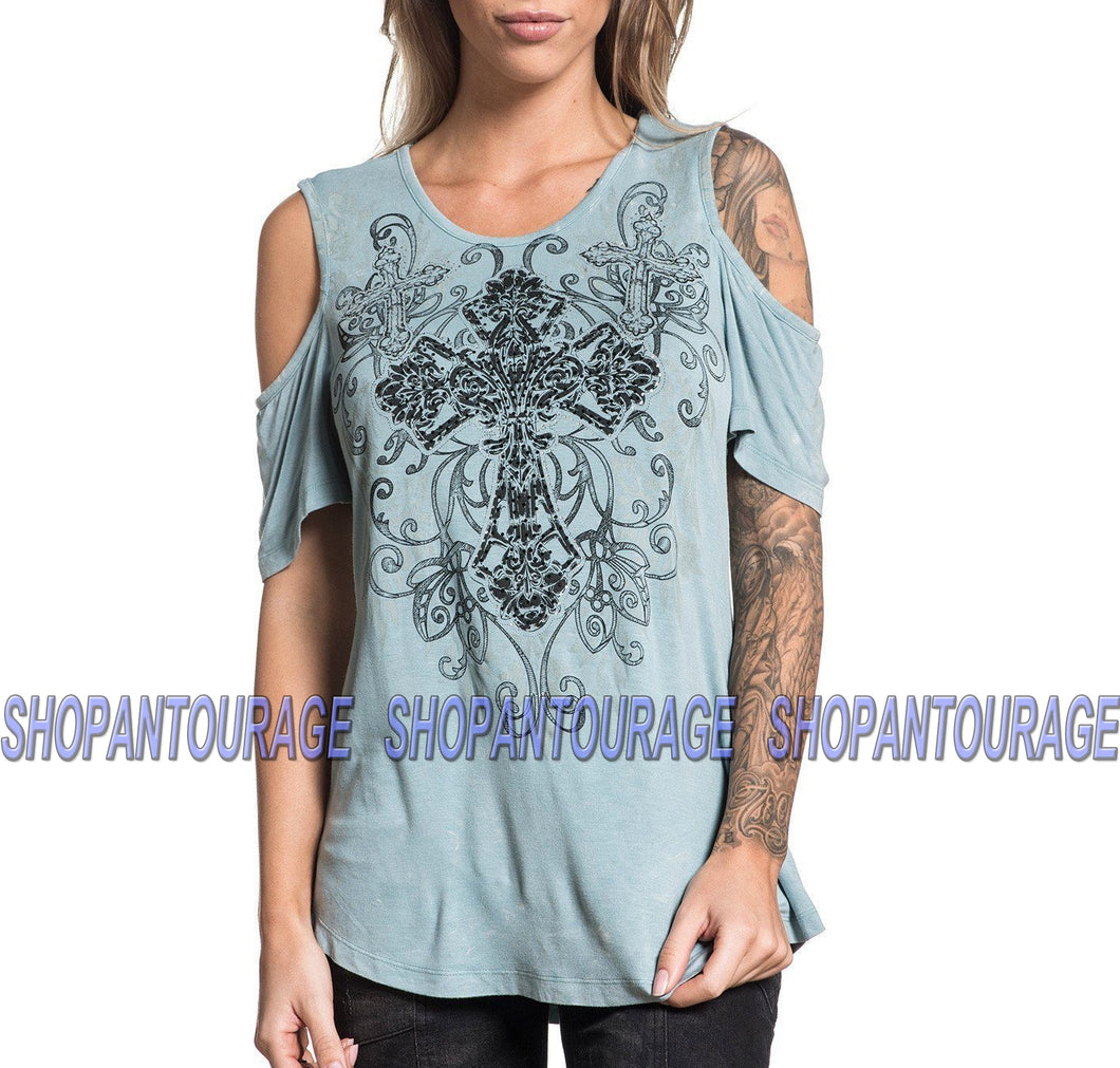 Sinful Diamondhead S4018 Women`s Short Sleeve Scoop Neck Top By Affliction