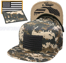 Load image into Gallery viewer, Antourage American Flag Flat Visor Constructed Snapback Hat + 2 Patriotic Patches - Digital Camo
