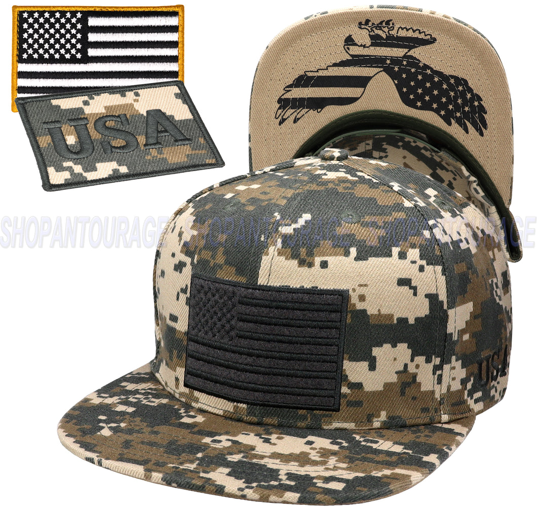 Antourage American Flag Flat Visor Constructed Snapback Hat + 2 Patriotic Patches - Wholesale: Digital Camo - 10 Units ($8.00 Ea.)