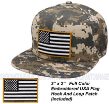 Load image into Gallery viewer, Antourage American Flag Flat Visor Constructed Snapback Hat + 2 Patriotic Patches - Wholesale: Digital Camo - 10 Units ($8.00 Ea.)
