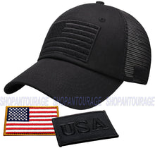 Load image into Gallery viewer, Antourage American Flag Hat for Men and Women | Classic Mesh Baseball Hat Cap with USA Flag + 2 Patriotic Patches - Black
