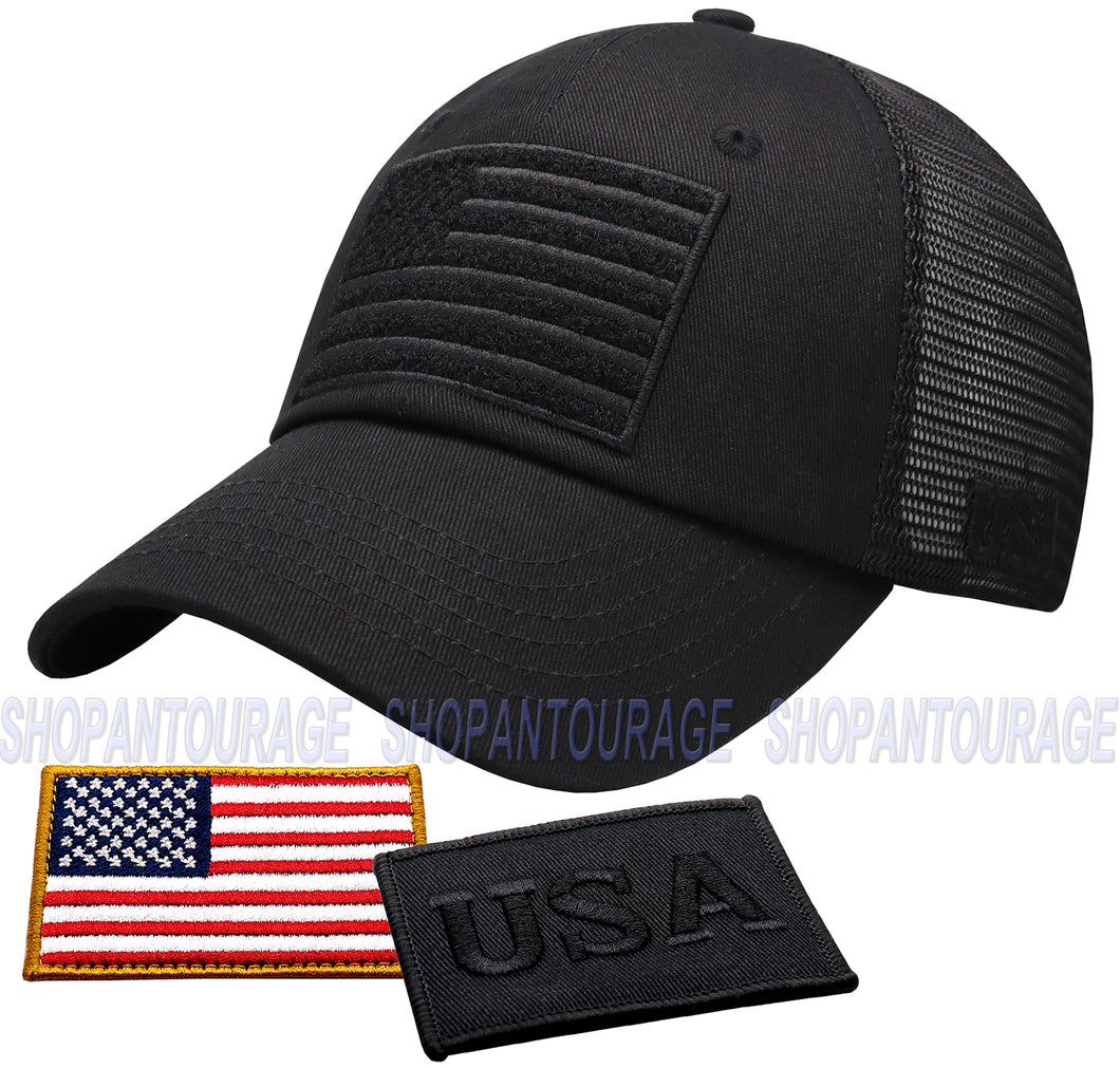 Antourage American Flag Hat for Men and Women | Classic Mesh Baseball Hat Cap with USA Flag + 2 Patriotic Patches - Black