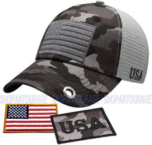 Load image into Gallery viewer, Antourage American Flag Hat for Men and Women | Classic Mesh Baseball Hat Cap with USA Flag + 2 Patriotic Patches - Black Camo with Keyhole
