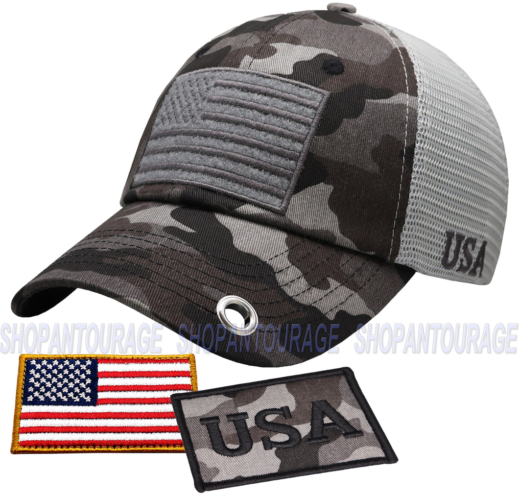 Antourage American Flag Hat for Men and Women | Classic Mesh Baseball Hat Cap with USA Flag + 2 Patriotic Patches - Black Camo with Keyhole