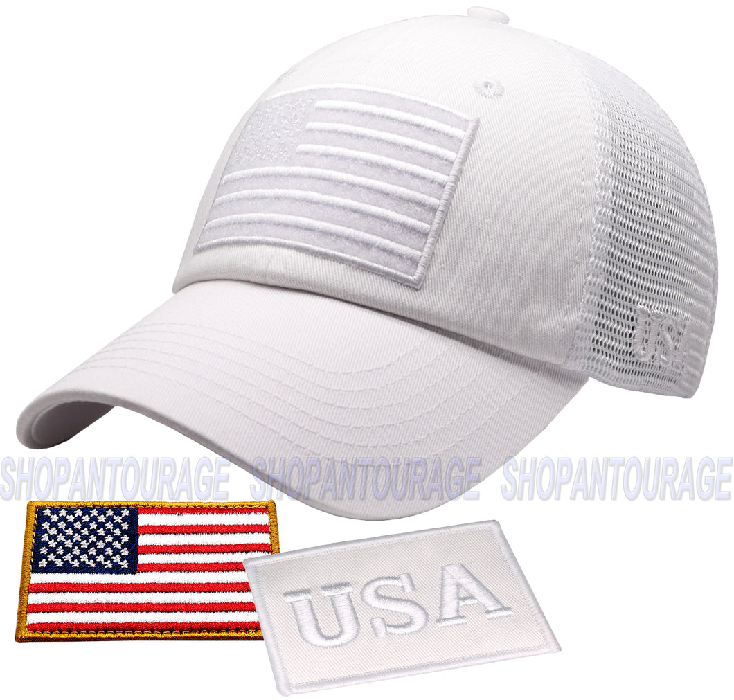 Antourage American Flag Hat for Men and Women | Classic Mesh Baseball Hat Cap with USA Flag + 2 Patriotic Patches - White