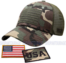 Load image into Gallery viewer, Antourage American Flag Hat for Men and Women | Classic Mesh Baseball Hat Cap with USA Flag + 2 Patriotic Patches - Camo
