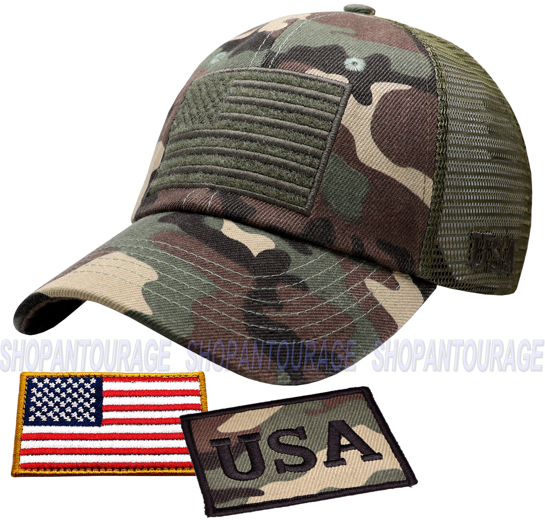 Antourage American Flag Hat for Men and Women | Classic Mesh Baseball Hat Cap with USA Flag + 2 Patriotic Patches - Camo