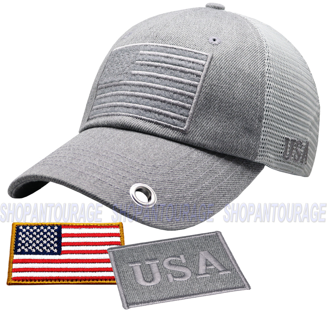 Antourage American Flag Hat for Men and Women | Classic Mesh Baseball Hat Cap with USA Flag + 2 Patriotic Patches - Grey with Keyhole