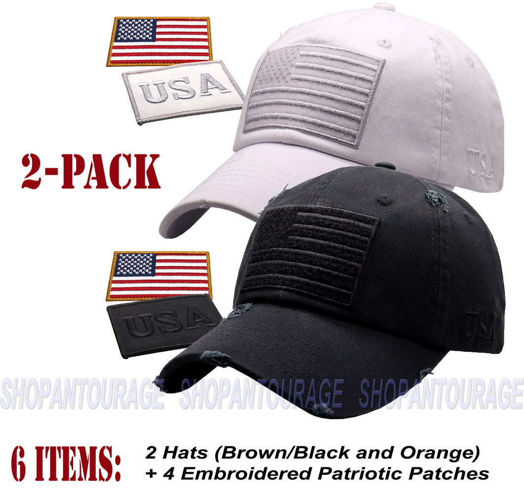 ANTOURAGE 2 PACK: American Flag Hat for Men And Women | Vintage Baseball Tactical Hat Cap With USA Flag + 4 Patches - Black + White