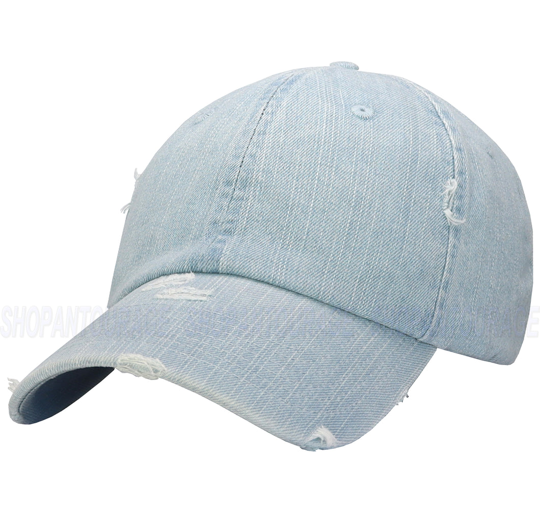 ANTOURAGE Vintage Distressed Unisex Washed Plain Cotton New Baseball Dad Hat Cap - Light Denim