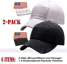 Load image into Gallery viewer, ANTOURAGE 2 PACK: American Flag Hat for Men And Women | Vintage Baseball Tactical Hat Cap With USA Flag + 4 Patches - Black + White
