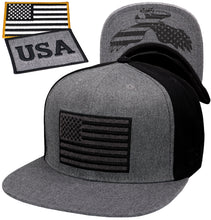 Load image into Gallery viewer, Antourage American Flag Flat Visor Constructed Snapback Hat + 2 Patriotic Patches - 2-Tone: Grey/Black
