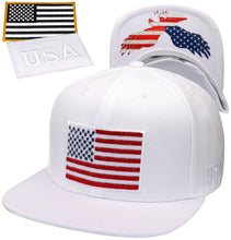 Load image into Gallery viewer, Antourage American Flag Flat Visor Constructed Snapback Hat + 2 Patriotic Patches - White
