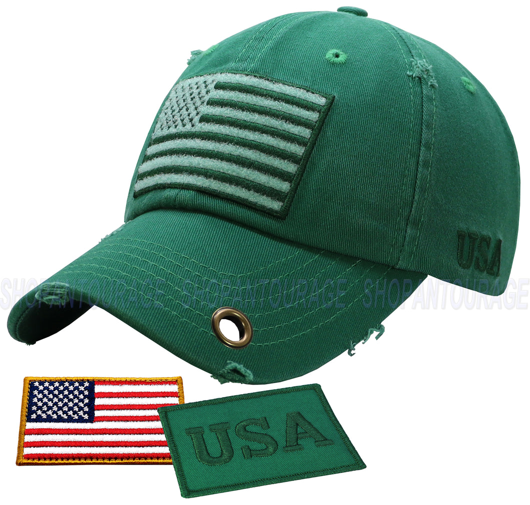 Antourage American Flag Distressed Cotton Keyhole Hat Collection - Wholesale: Green 10 Units / $8.50 Each