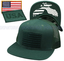 Load image into Gallery viewer, Antourage American Flag Flat Visor Constructed Mesh Snapback Hat + 2 Patriotic Patches - Green
